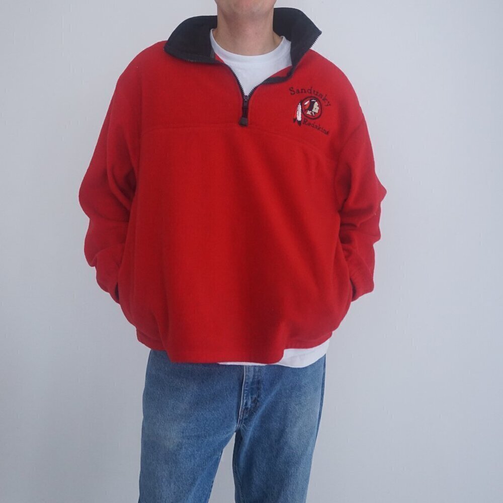 Vintage'90S Red Black Sandusky Redskins Quarter Zip Fleece Pull Over Sweater L